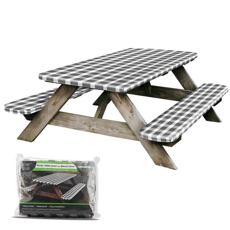 CAMPER MATTERS Picnic Table Cover and Bench Covers, Fitted Tablecloth Cover with Elastic Edge, Water and Oil Proof, for Outdoor, Garden, Camping, 96x30 Inch, 3 Pieces Set, Black & White - Image 1